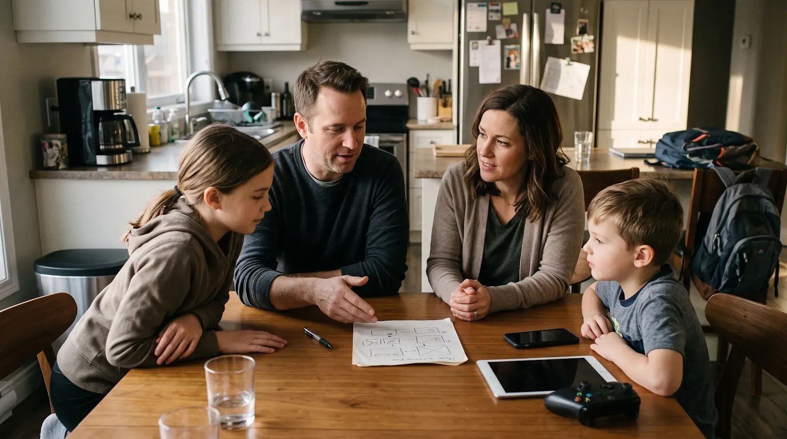 Creating a Family Media Plan Together Family discussing technology rules together with phones and a tablet set aside