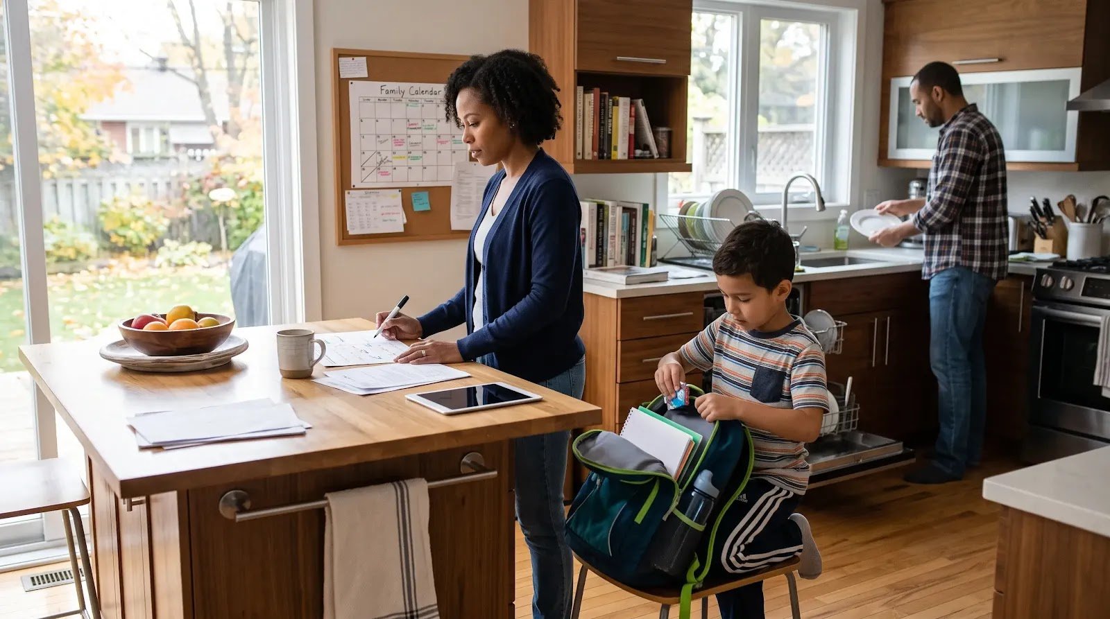 A Simple Family Sunday Reset Family preparing a calendar and school bag during a relaxed Sunday reset