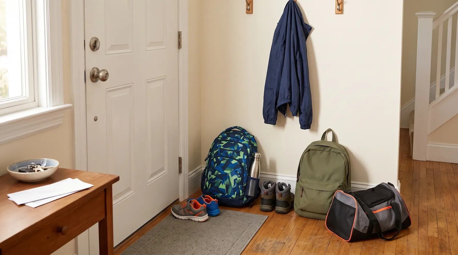 Monday Launch Spot Ready on Sunday Backpacks, shoes, water bottle, and sports bag prepared by the door for Monday
