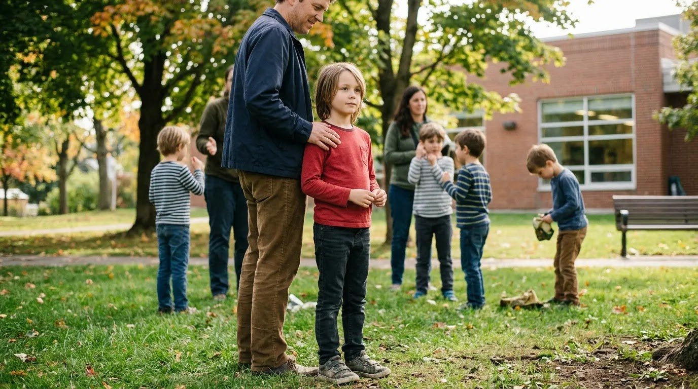 Giving a Hesitant Child Time to Warm Up A parent calmly staying beside a hesitant child before the child joins a small group activity.