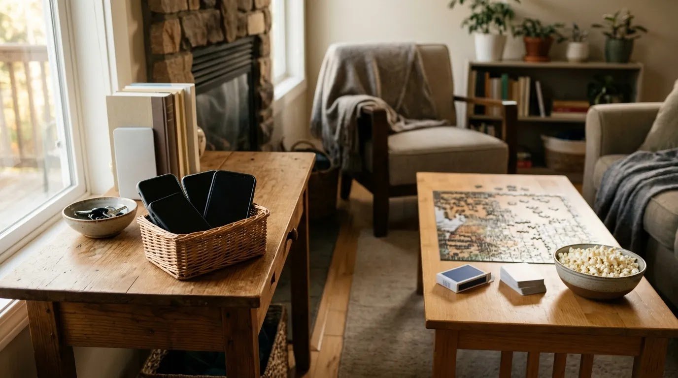 Simple Setup for a Screen-Free Evening Phones set aside while a puzzle, cards, and snacks are ready for a family evening.