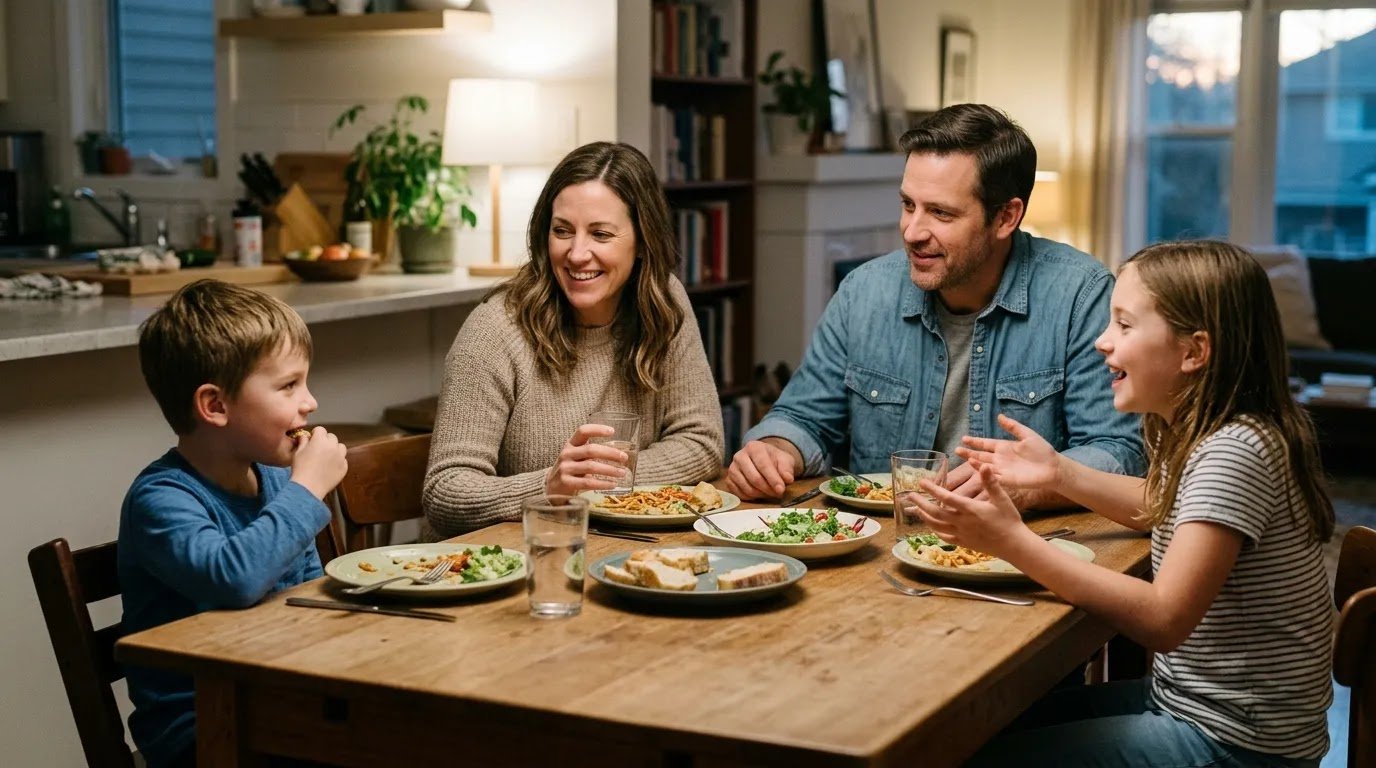Family Talking Together at Dinner A family talking and listening to each other during an everyday dinner at home.