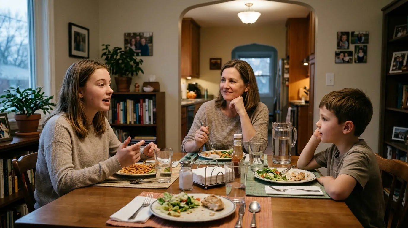 Kids and Parents Sharing Dinner Conversation A teenager, younger child, and parent having a relaxed conversation during dinner.