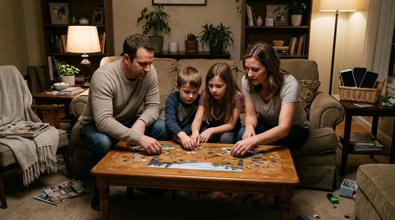 A Relaxed Screen-Free Family Evening A family spending a relaxed screen-free evening together around a simple tabletop activity.