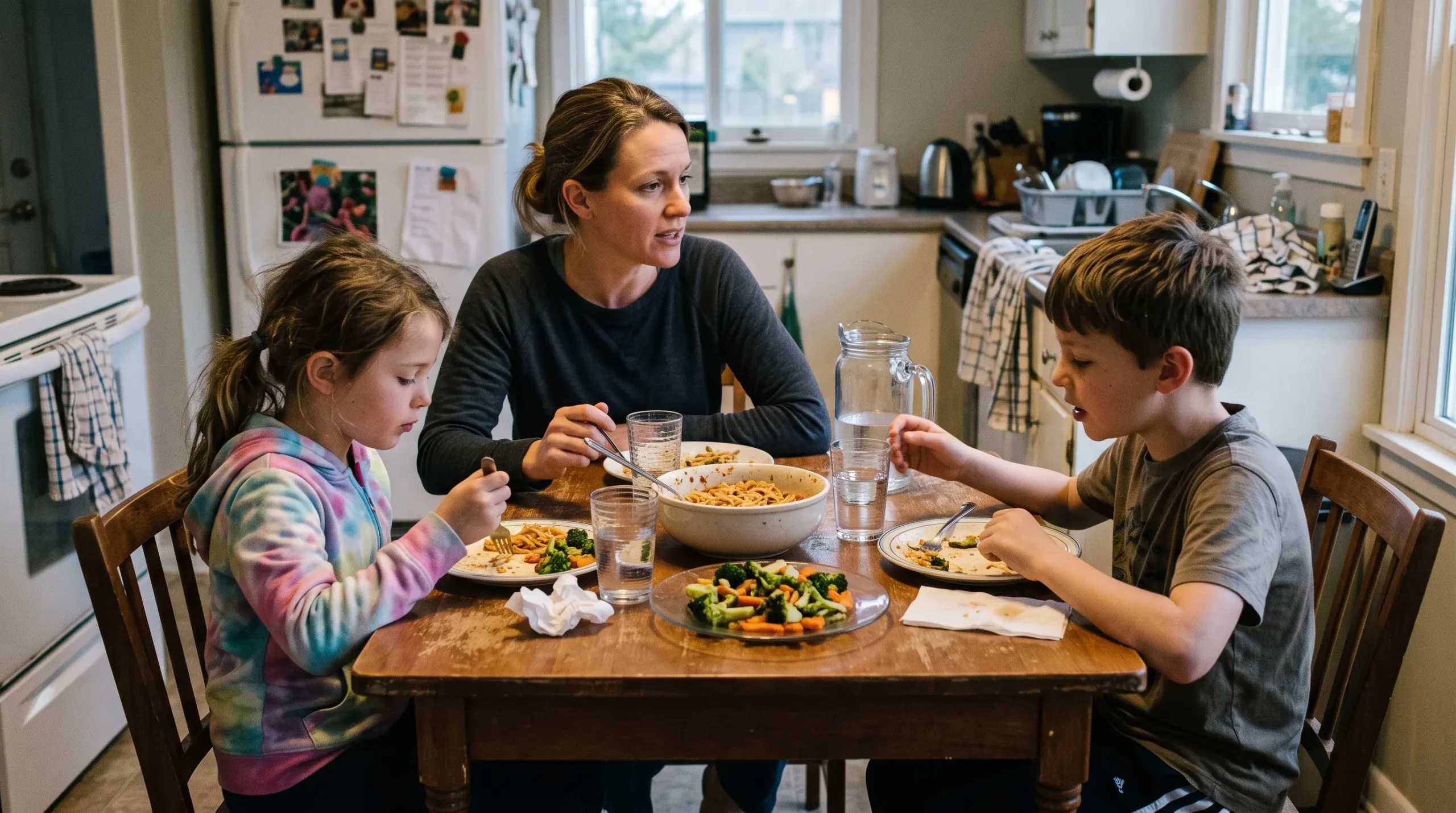 Parent and two children sharing a simple weeknight dinner at their kitchen table.