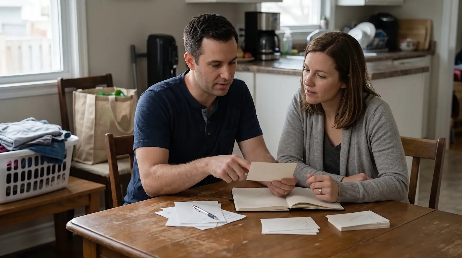 Separating Household Tasks From the Mental Load Couple reviewing household responsibilities together at a dining table