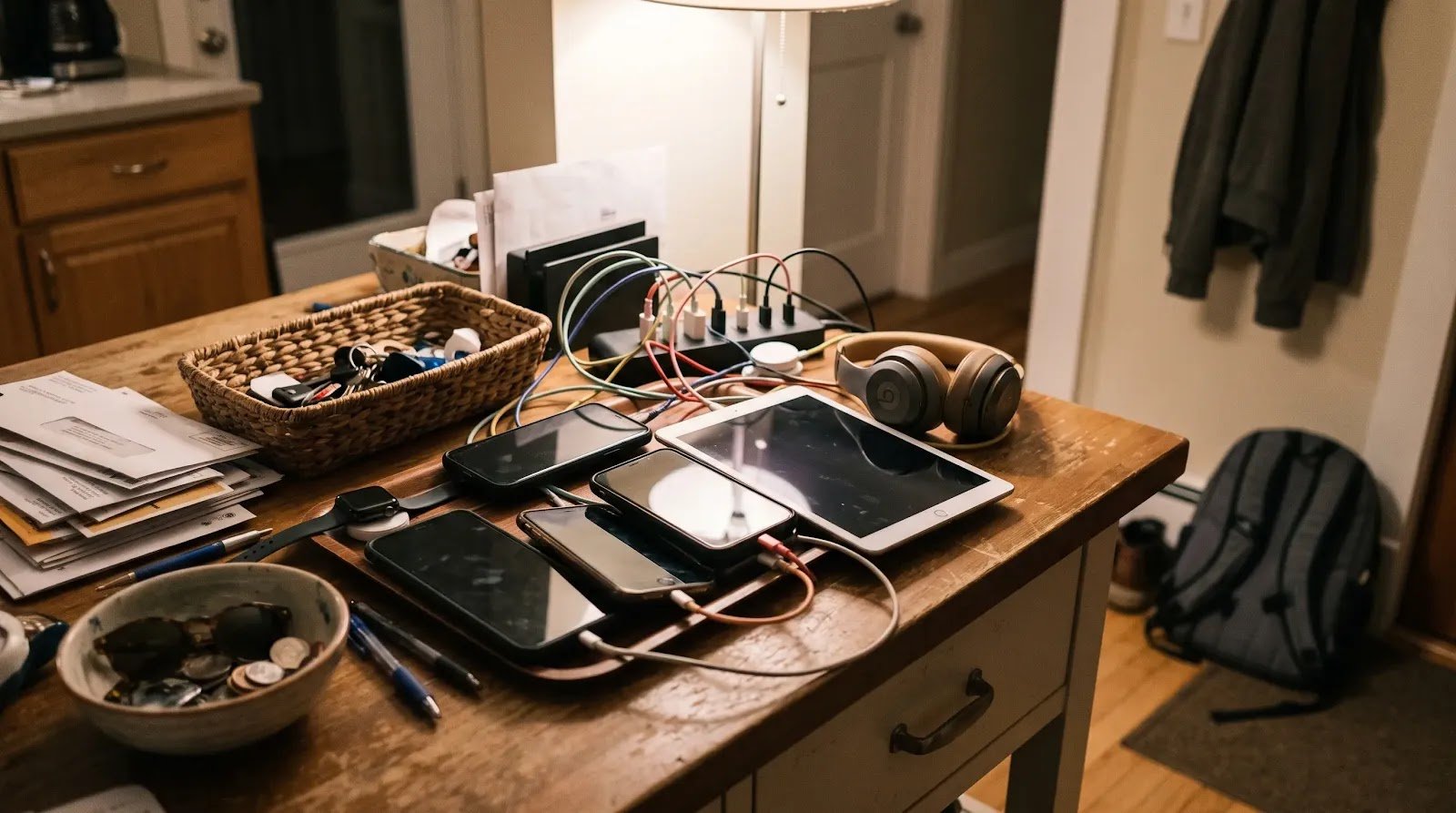 Shared Family Device Charging Area Family phones, tablet, and other devices resting together in a shared evening charging area