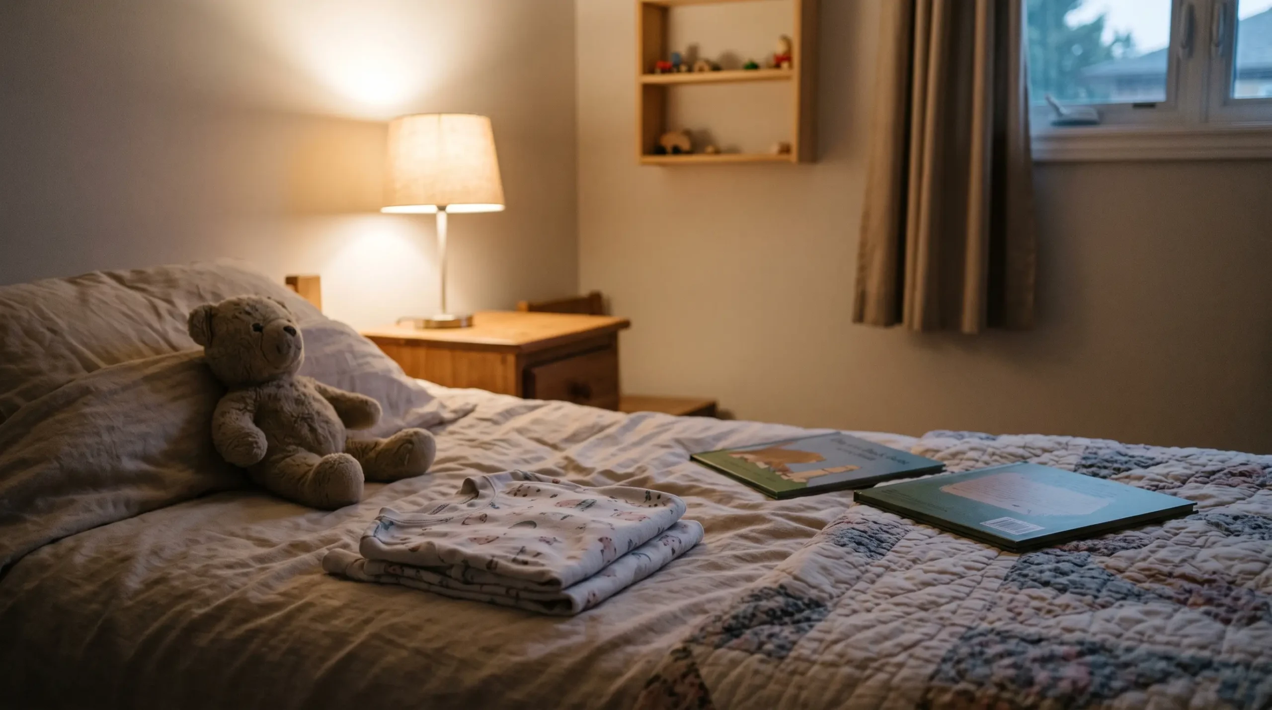 Children's pajamas, stuffed animal, and picture books prepared for a quiet bedtime routine.