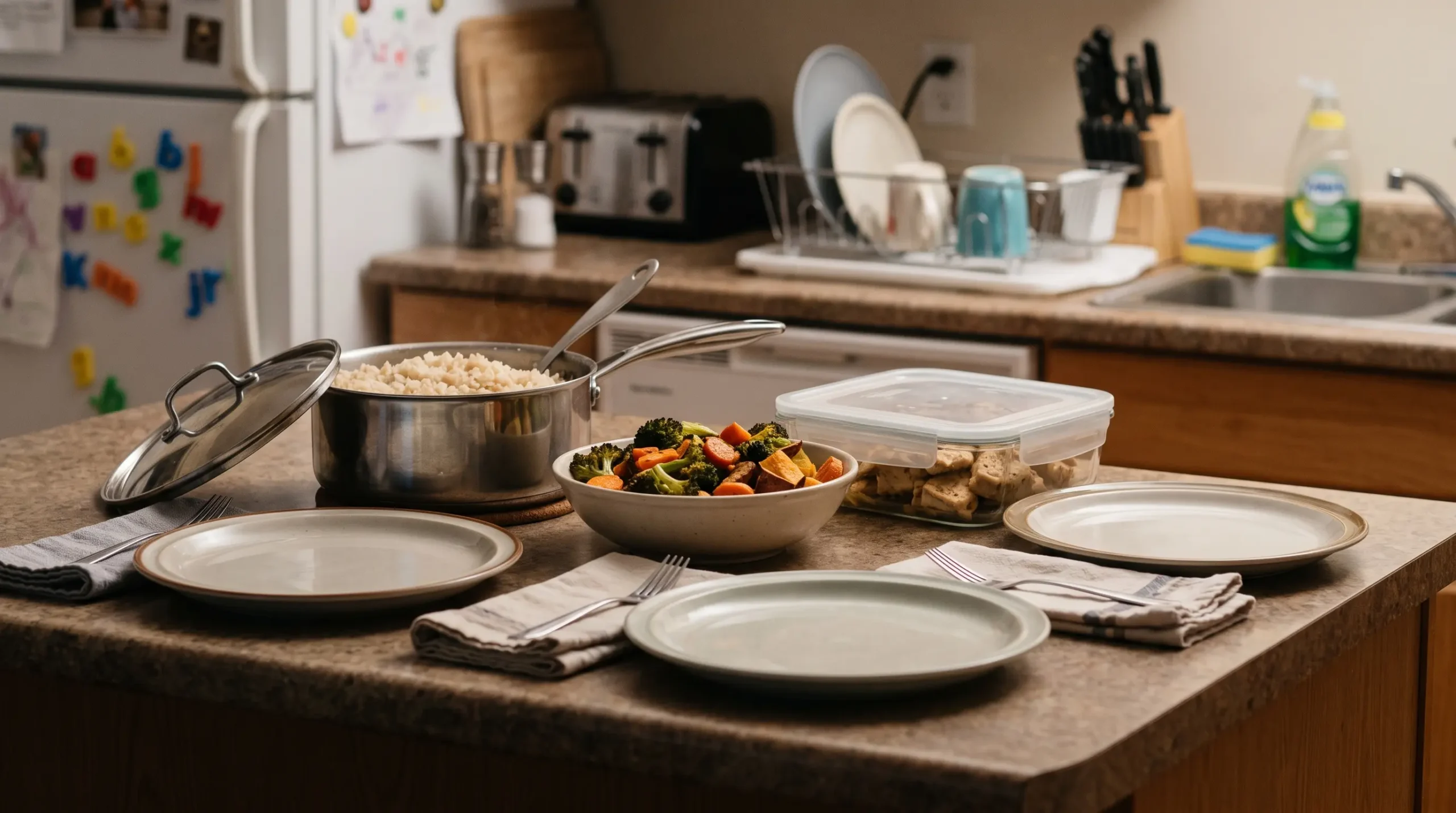 Rice, vegetables, prepared protein, and dinner plates arranged for a quick family meal.